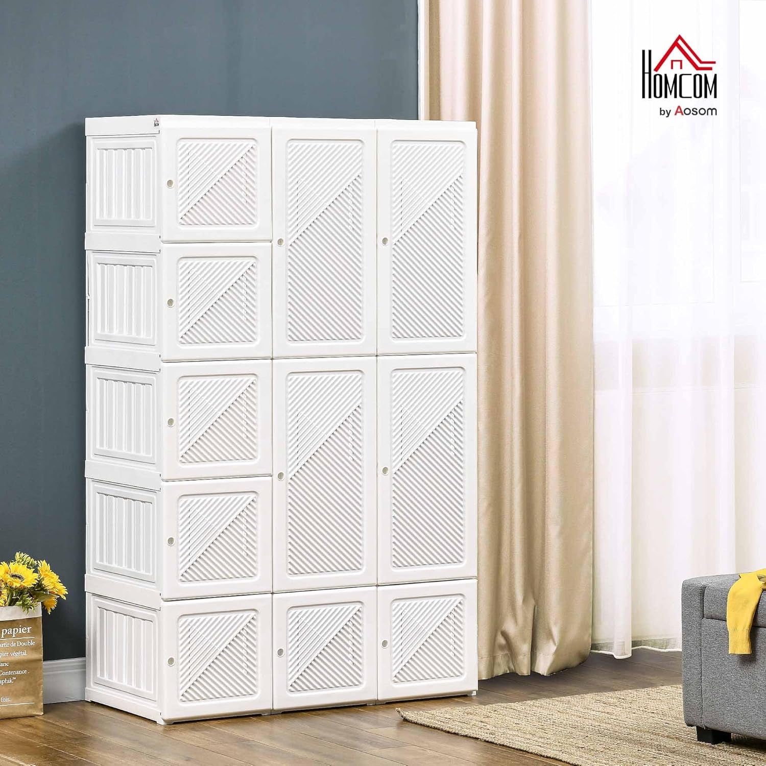 Portable Wardrobe Closet, Folding Clothes Storage Organizer with 8 Cube Compartments, 2 Hanging Rods, 11 Magnet Doors, White