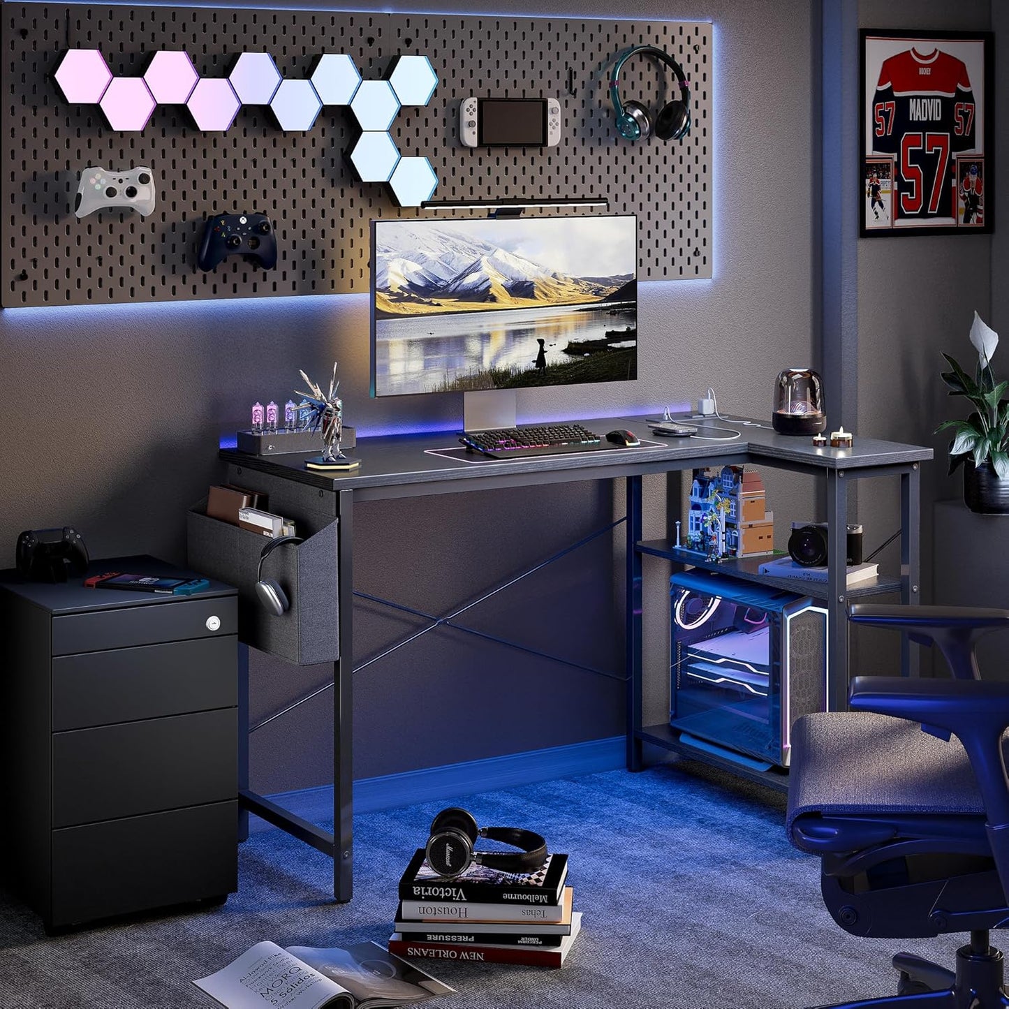 Small L Shaped Computer Gaming Corner Desk with Power Outlets, Reversible Shelves for Study, Writing Table for Home, Office, Bedroom, Living Room, 40 Inches, Black