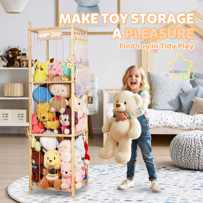 Stuffed Animal Storage Organizer, Large Wooden Zoo Toy Holder with Pockets, Plushie, Stuffy,Toy Storage for Kids Room, Playroom, Bedroom(Natural Large)
