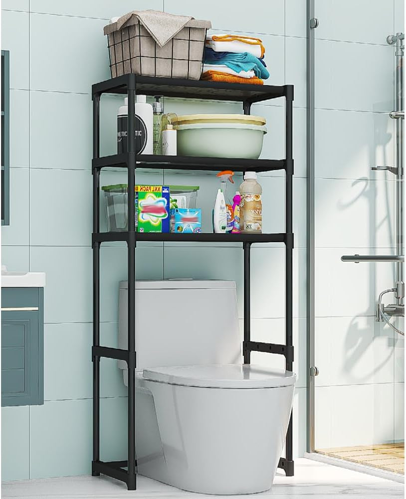 Over the Toilet Storage Rack, 3 Tier Bathroom over Toilet Organizer Rack, Space Saver Metal Bathroom Shelves, Freestanding Bathrooms Shelves for Restroom Laundry Balcony, Black