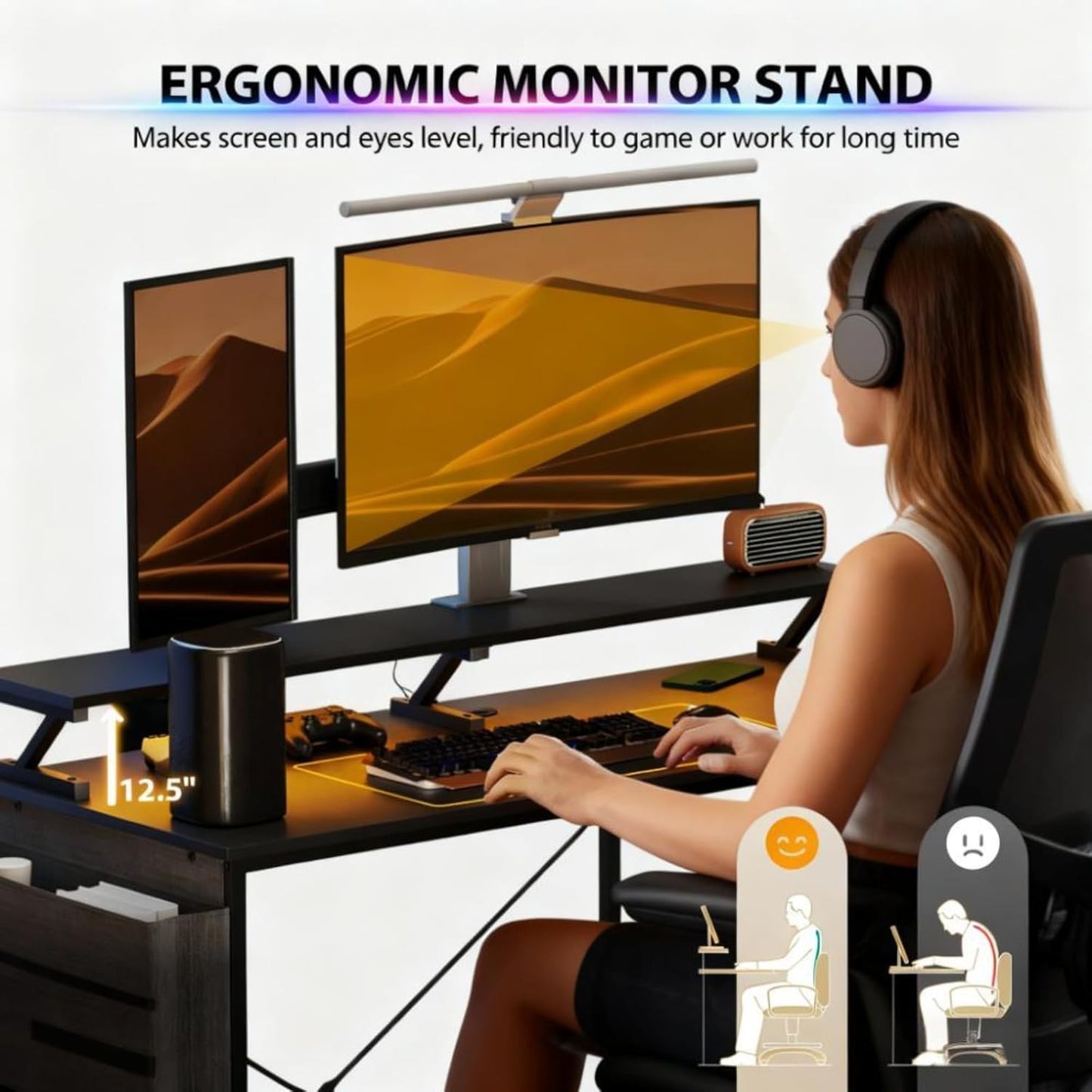 Reversible L Shaped Computer Desk with Built-In Charging Station and RGB LED Light, Home and Office Corner Desk with Ergonomic Monitor Stand