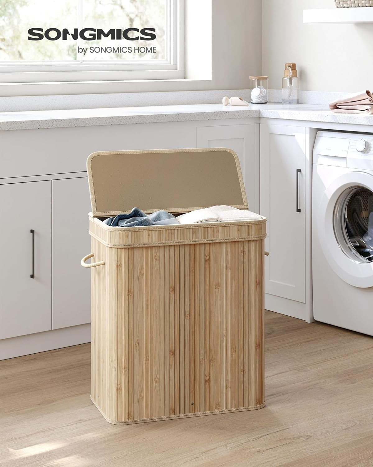 Laundry Hamper with Lid, Bamboo Laundry Basket, Removable Machine Washable Laundry Basket, with Handles, 26.4-Gallons, for Laundry Room, Bedroom, Bathroom, Natural Beige ULCB063N01