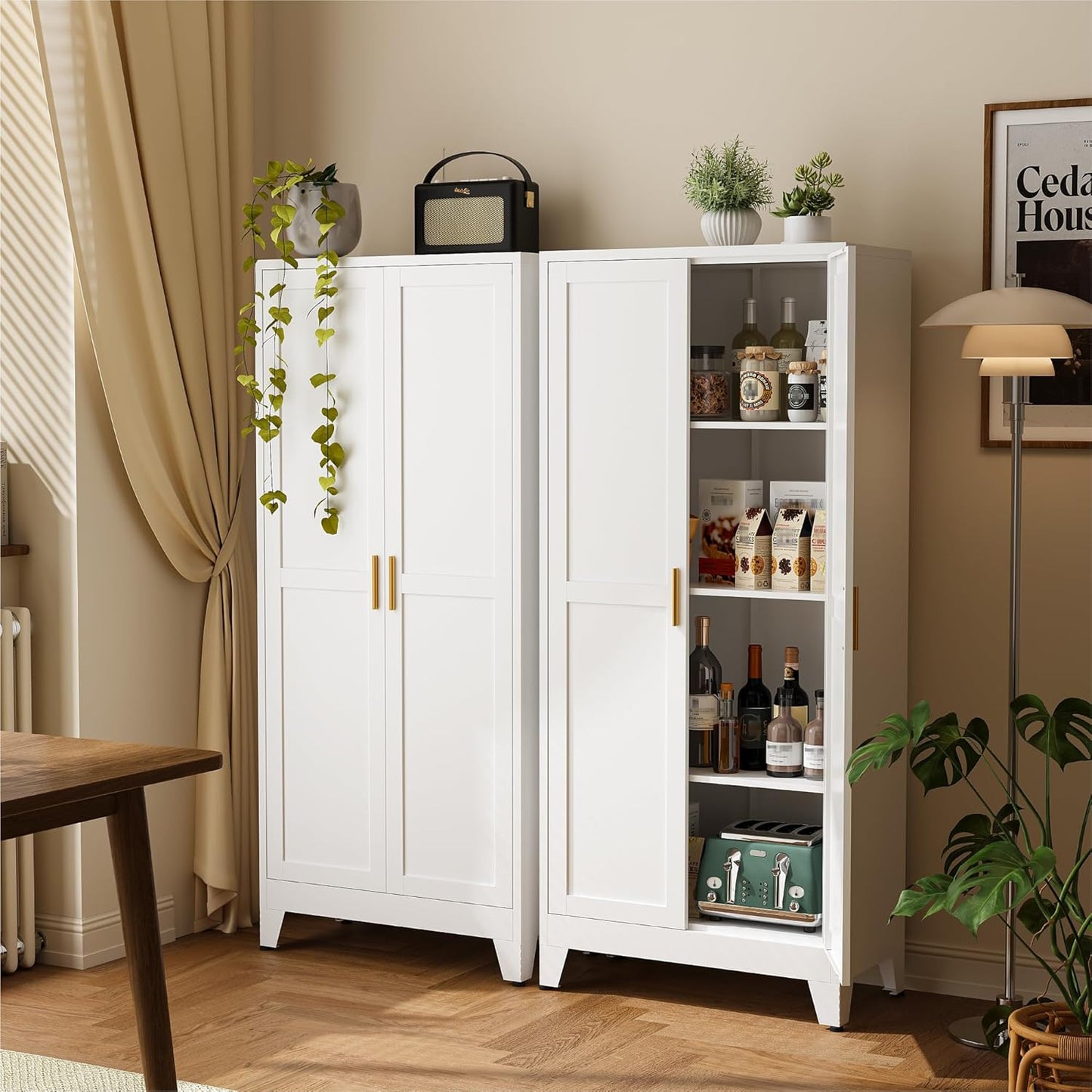 61" Tall Pantry Cabinet with Adjustable Shelves, White Storage Cabinet with Doors and Shelves, Sturdy Freestanding Cupboard for Kitchen Pantry, Bathroom Storage, Living Room & Office