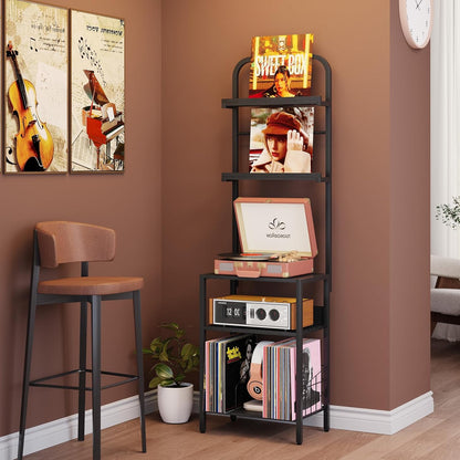 Record Player Stand with Vinyl Storage - 5-Tier Turntable Table with Adjustable Feet, Metal & Wood Cabinet - Console Organizer Display Shelf for Living Room, Apartment