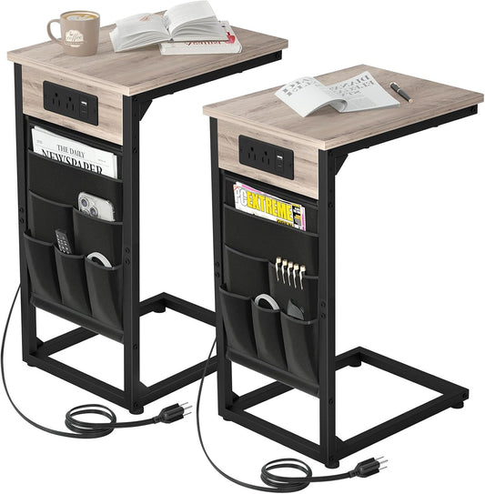 C Shaped End Table with Charging Station, TV Tray Set of 2, Couch Tables with Storage Bag, Slide under Sofa Side Table with USB Ports and Outlets for Living Room, Grey HET04CGY