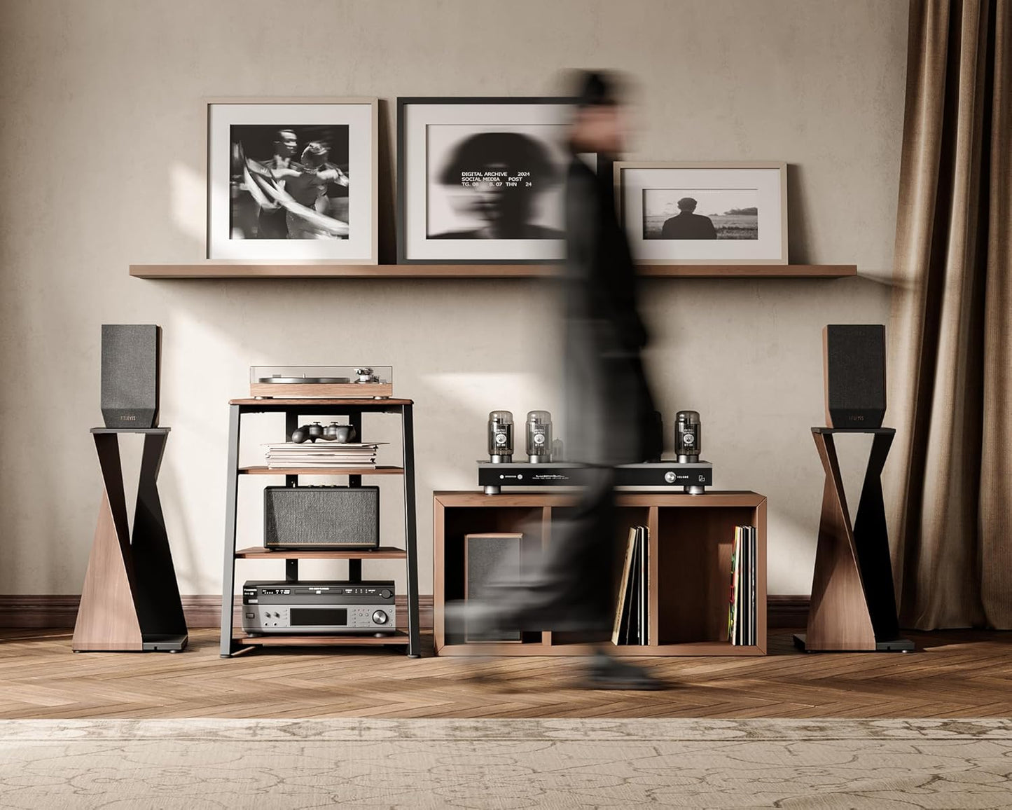 Design 4-Tier AV Media Stand Corner Shelf for Record Player Wooden Stereo Cabinet Audio Rack Tower with Height Adjustable Wooden Shelves for Ps4 (Walnut)