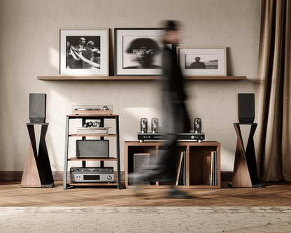 Design 4-Tier AV Media Stand Corner Shelf for Record Player Wooden Stereo Cabinet Audio Rack Tower with Height Adjustable Wooden Shelves for Ps4 (Walnut)