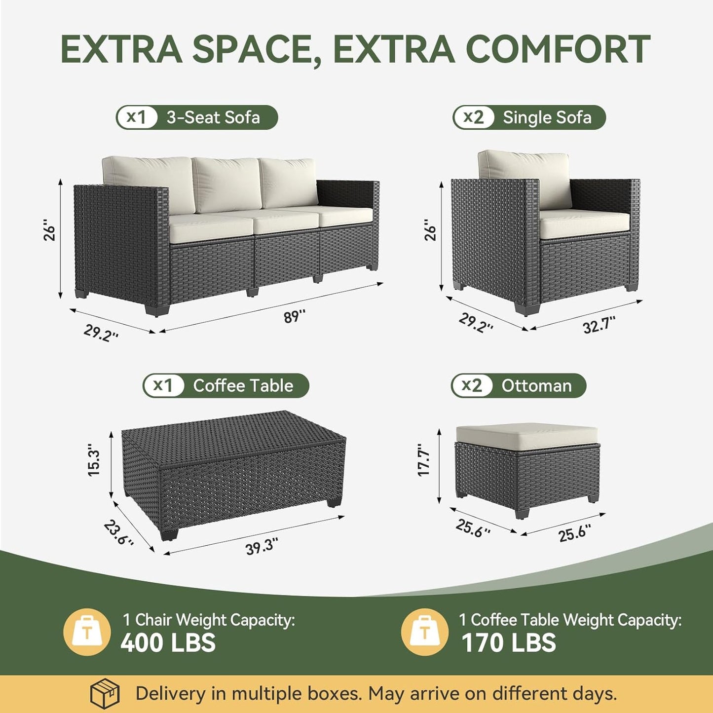 8 Piece Outdoor Patio Furniture Set 7 Seats, Outdoor Sectional with Thick Waterproof Cushions, Patio Conversation Sets for Garden,Backyard, Porch, Balcony, Deck, Black & Beige