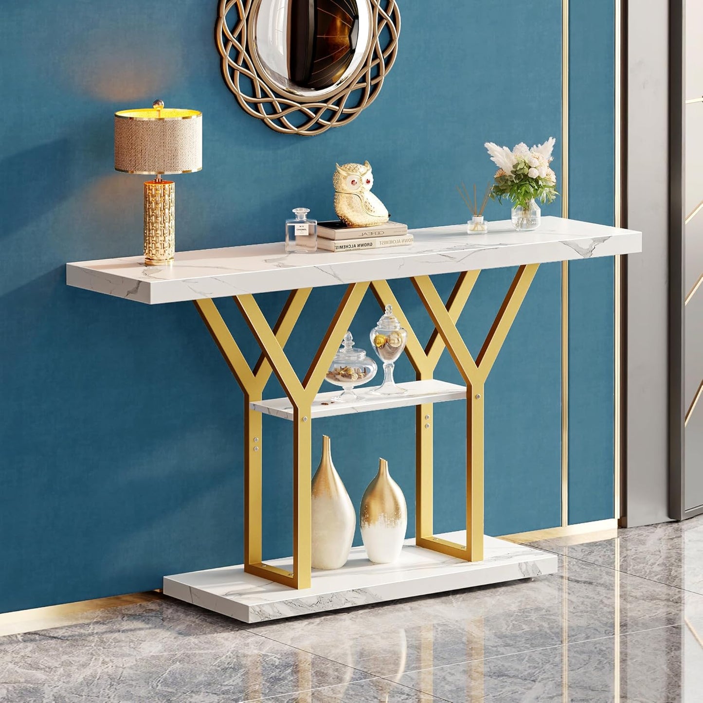 47.2 Inch Entryway Table with Marble Top, Industrial Console Sofa Table, 3 Tier Accent Table, for Entry, Hallway, Entrance, Foyer, Y-Shaped Metal Base, White Marble & Gold