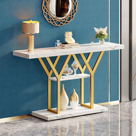 47.2 Inch Entryway Table with Marble Top, Industrial Console Sofa Table, 3 Tier Accent Table, for Entry, Hallway, Entrance, Foyer, Y-Shaped Metal Base, White Marble & Gold