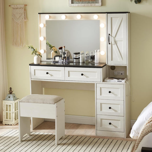 Farmhouse Vanity Makeup Desk with Charging Station, 43" W Vanity Desk with Lights Mirror and Drawers for Makeup, Big Modern Makeup Table Set with Stool for Bedroom, off White