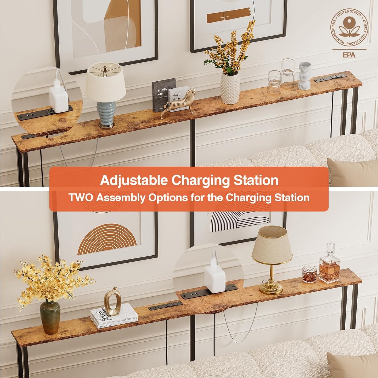 70" Narrow Console Sofa Table - 2 Power Outlets & 4 USB Ports, Metal Frame, Rustic Brown, Perfect for Hallway, Office, and behind Sofa - Easy Assembly, 4.9' Extension Cord Included