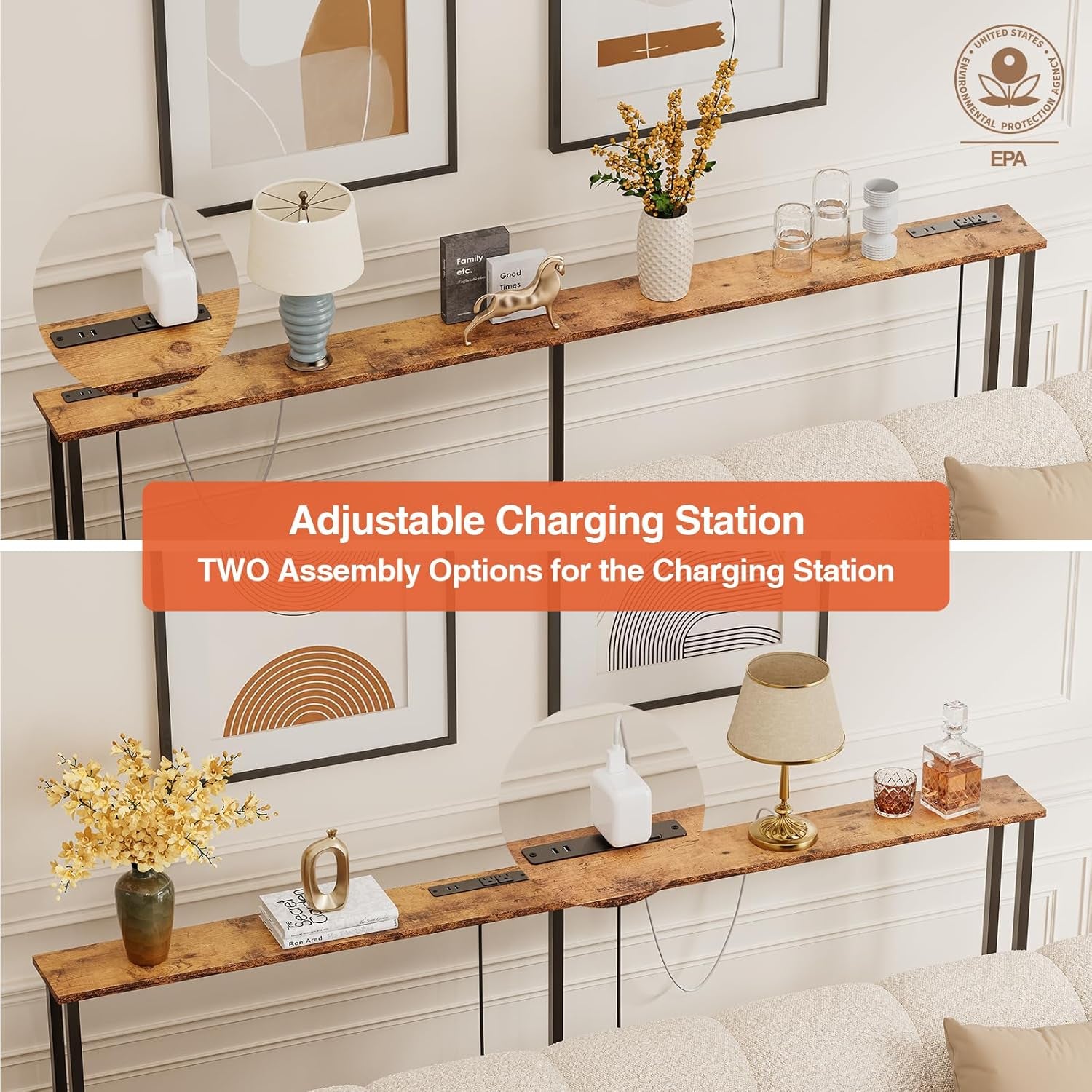 70" Narrow Console Sofa Table - 2 Power Outlets & 4 USB Ports, Metal Frame, Rustic Brown, Perfect for Hallway, Office, and behind Sofa - Easy Assembly, 4.9' Extension Cord Included