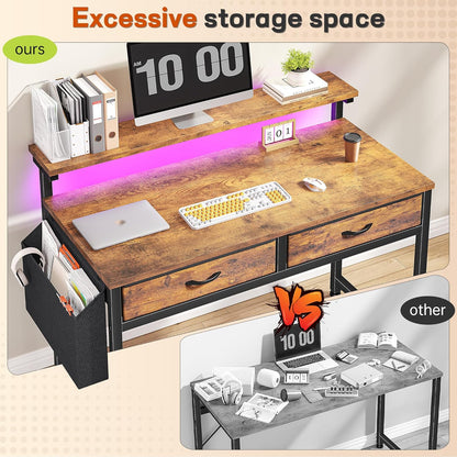 Gaming Desk with LED Lights with 2 Drawers, 31.5 Inch Desk Home Office Desk Computer Desk with Side Pocket & Ergonomic Monitor Stand, Small Space Study Writing Table with Anti-Tip Design, Rustic Brown