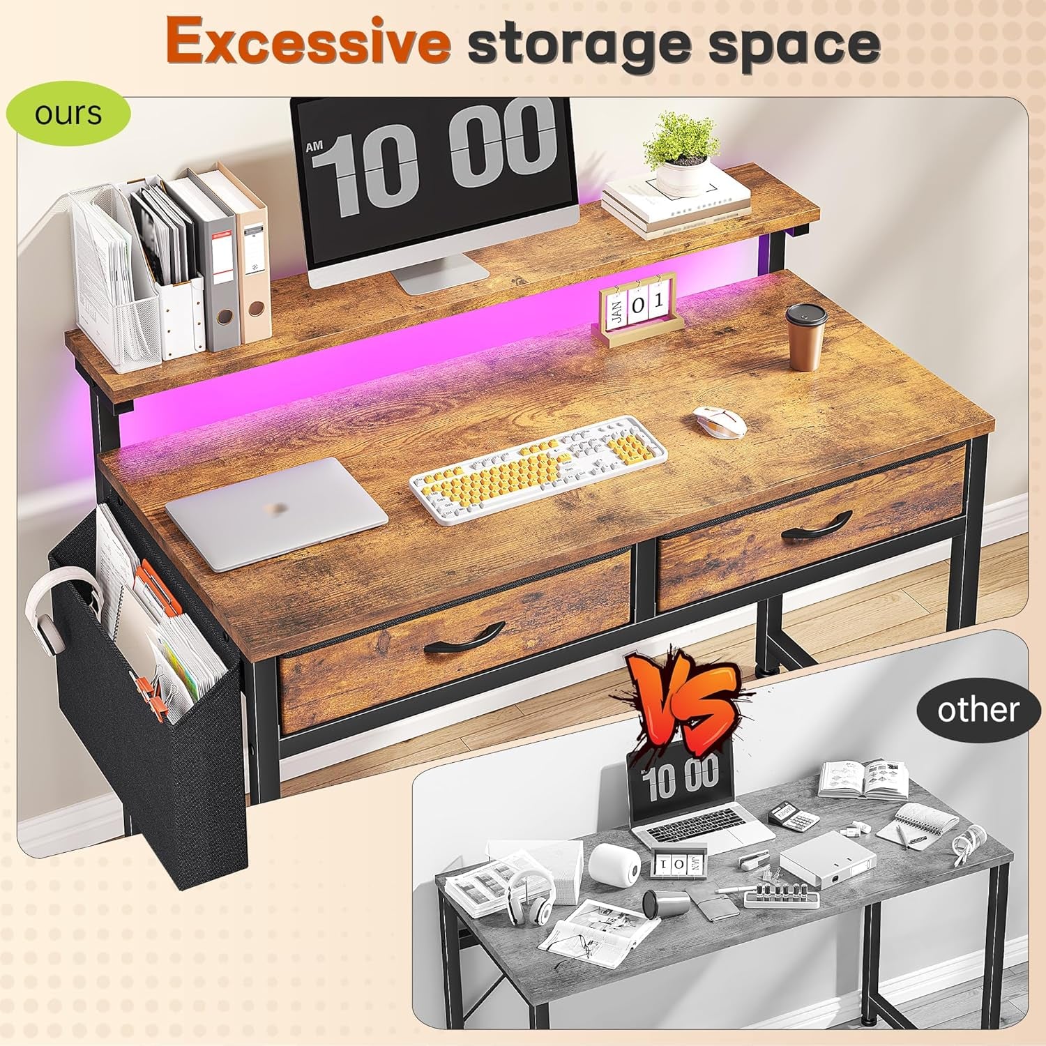 Gaming Desk with LED Lights & 2 Fabric Drawers, 39.4Inch Home Office Computer Desk with Side Pocket & Ergonomic Monitor Stand, Small Space Study Writing Table with Anti-Tip Design, Rustic Brown