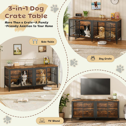 Heavy-Duty 2-Door Dog Crate End Table – Extra Large Multipurpose Pet Kennel Furniture for Large & Medium Dogs, Rustic Wood TV Stand/Side Table, Easy Assembly & Indoor Use (Rustic Brown)