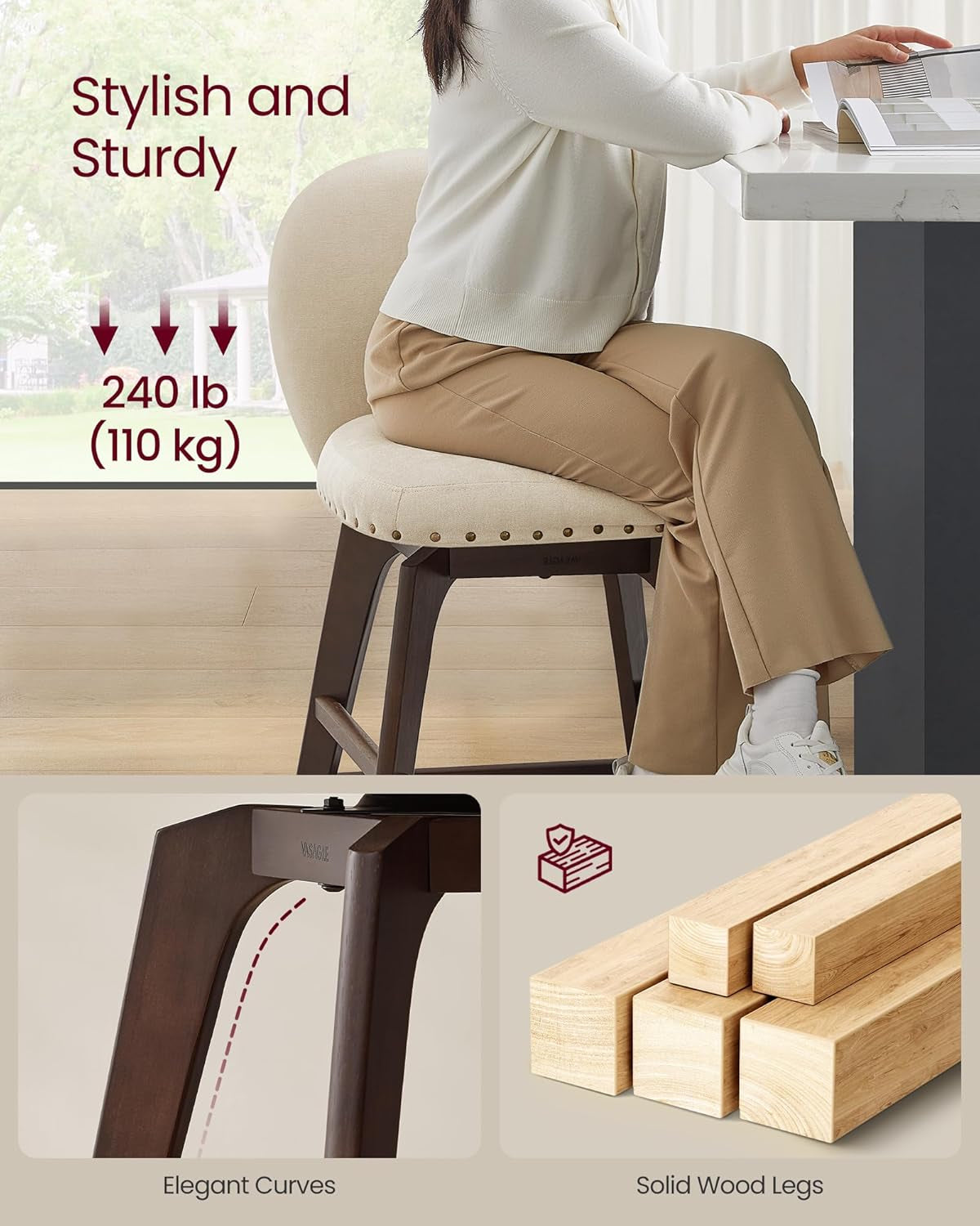 Bar Stools Set of 4, Swivel Counter Height Bar Stools with Back and Wood Legs, Chenille Fabric Upholstered Barstools, 26.2-Inch Tall Counter Barstools for Kitchen Island, Cappuccino Beige