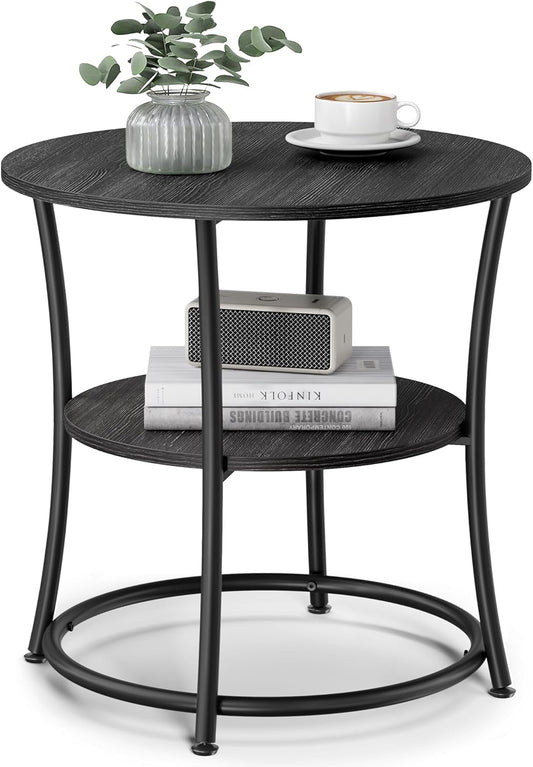 Side Table, 2-Tier round End Table, Nightstand with Steel Frame for Small Spaces, Living Room, Bedroom, Charcoal Gray and Ink Black
