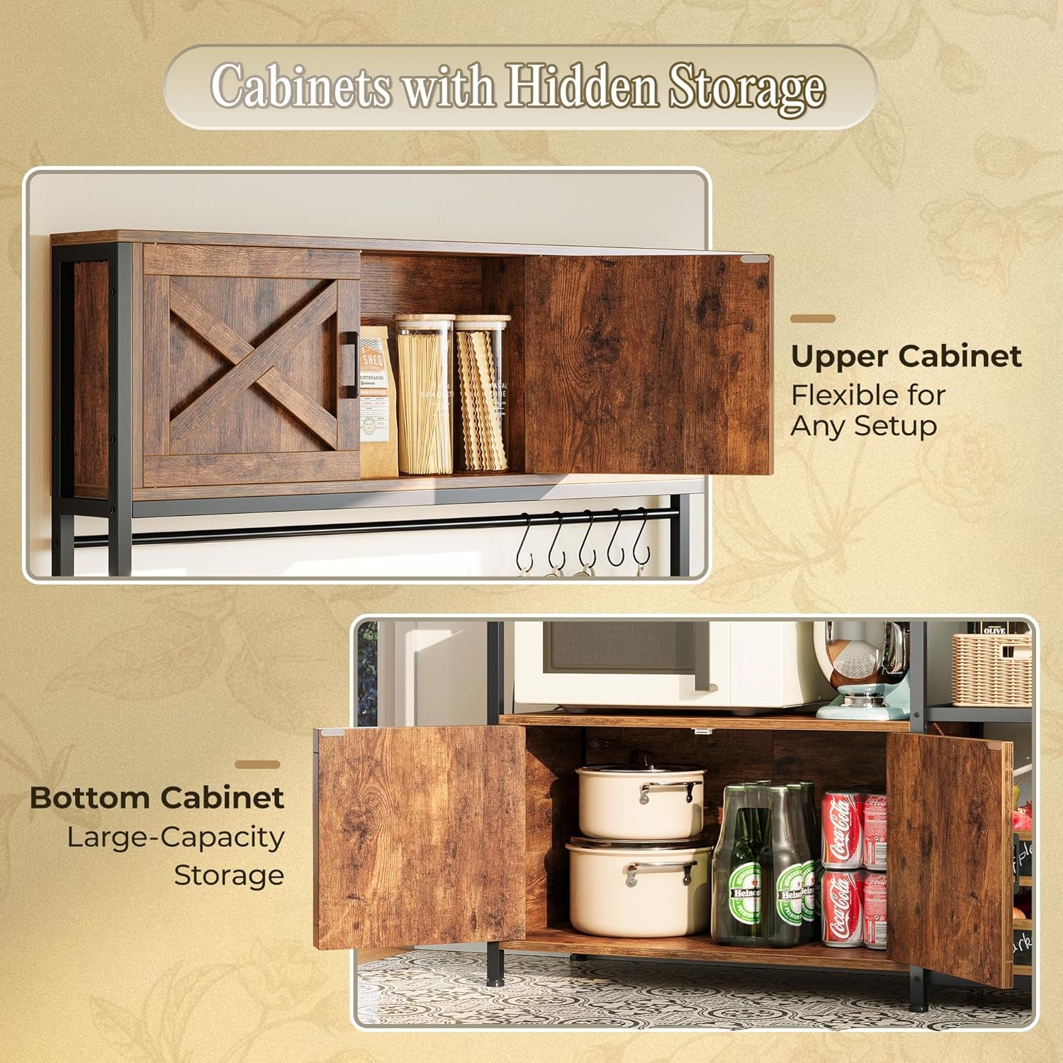 Large Bakers Rack with Power Outlet, Kitchen Microwave Stand with Cabinets, Coffee Bar Table Station with Storage, 6 S-Shaped Hooks, Mesh Shelves, 45 Inch Wooden Top, Rustic Brown