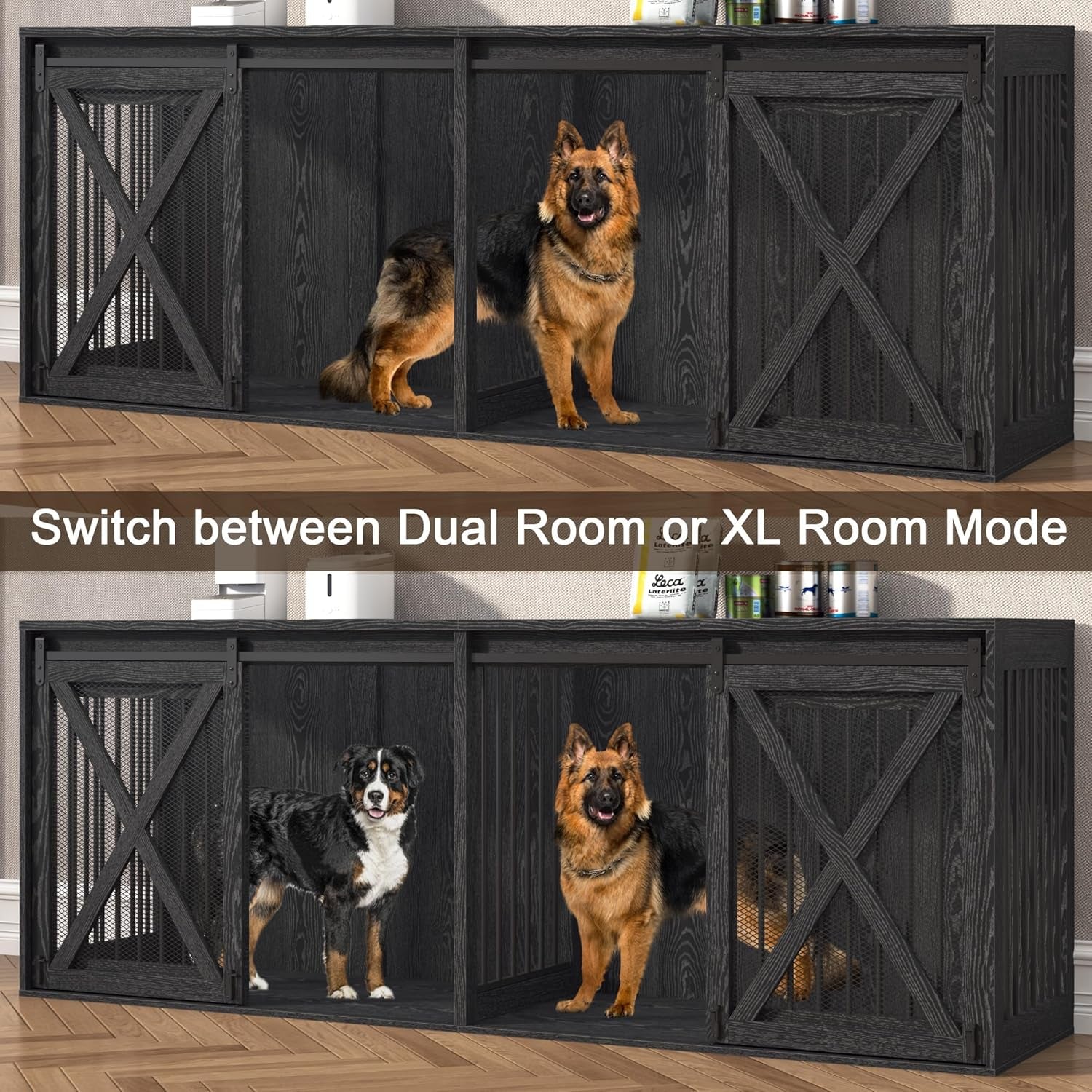 94.5" XXXL Dog Crate Furniture for 2 Large Dogs, Heavy Duty Double Dog Cage Extra Large Breed, 35.4" Tall Thick Wooden Dog Kennel TV Stand with Divider, Black