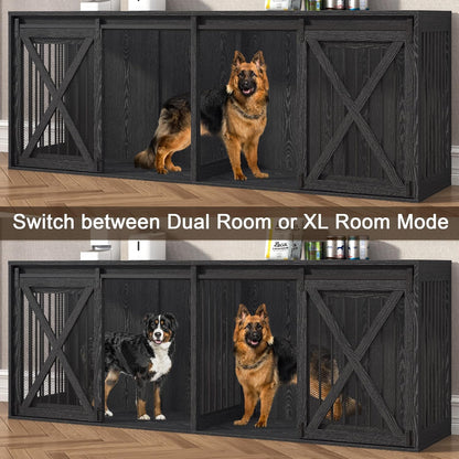 94.5" XXXL Dog Crate Furniture for 2 Large Dogs, Heavy Duty Double Dog Cage Extra Large Breed, 35.4" Tall Thick Wooden Dog Kennel TV Stand with Divider, Black