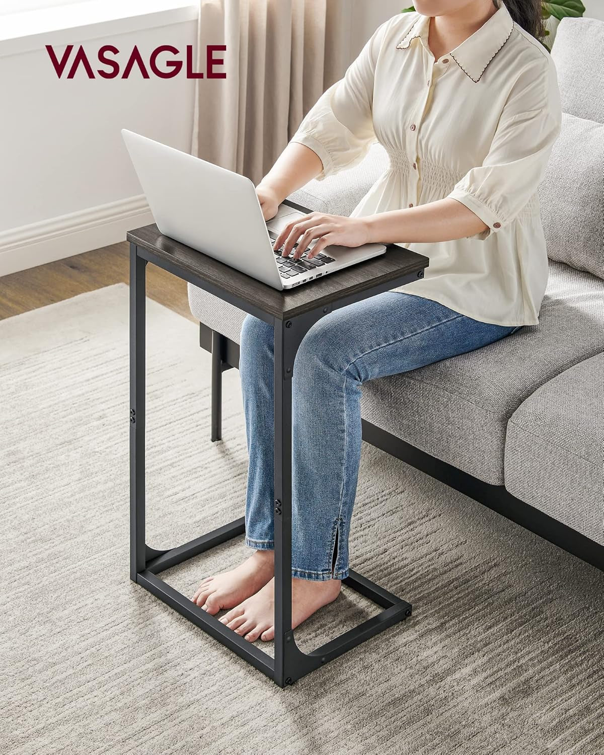 C-Shaped End Table Set, Side Table for Sofa, Couch with Metal Frame, Small TV Tray for Living Room, Bedroom, Greige and Black