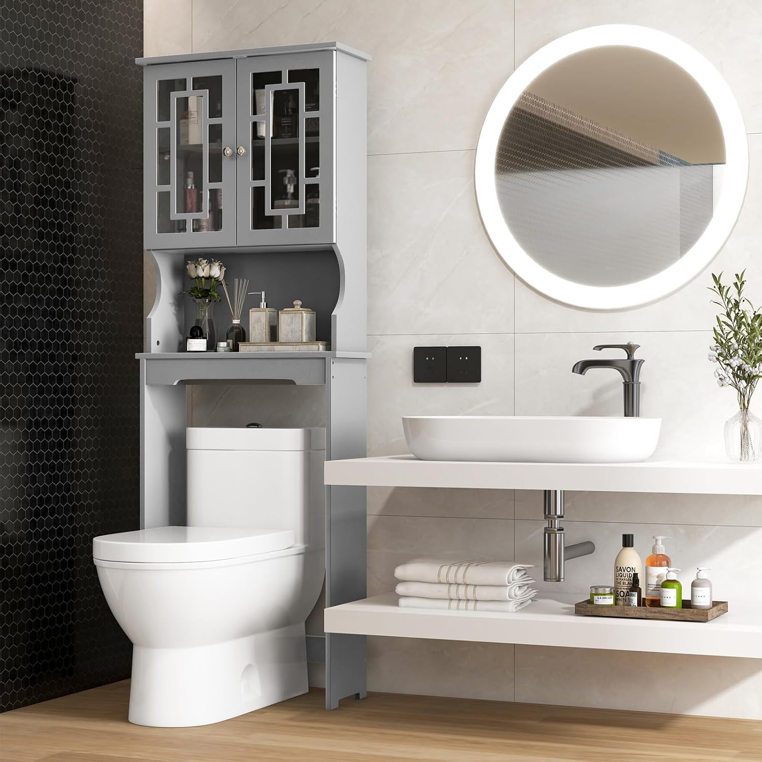 over the Toilet Storage Cabinet, Bathroom Shelf over Toilet, Double Door Bathroom Storage Cabinet Organizer with Adjustable Shelf, Open Shelf (Grey)