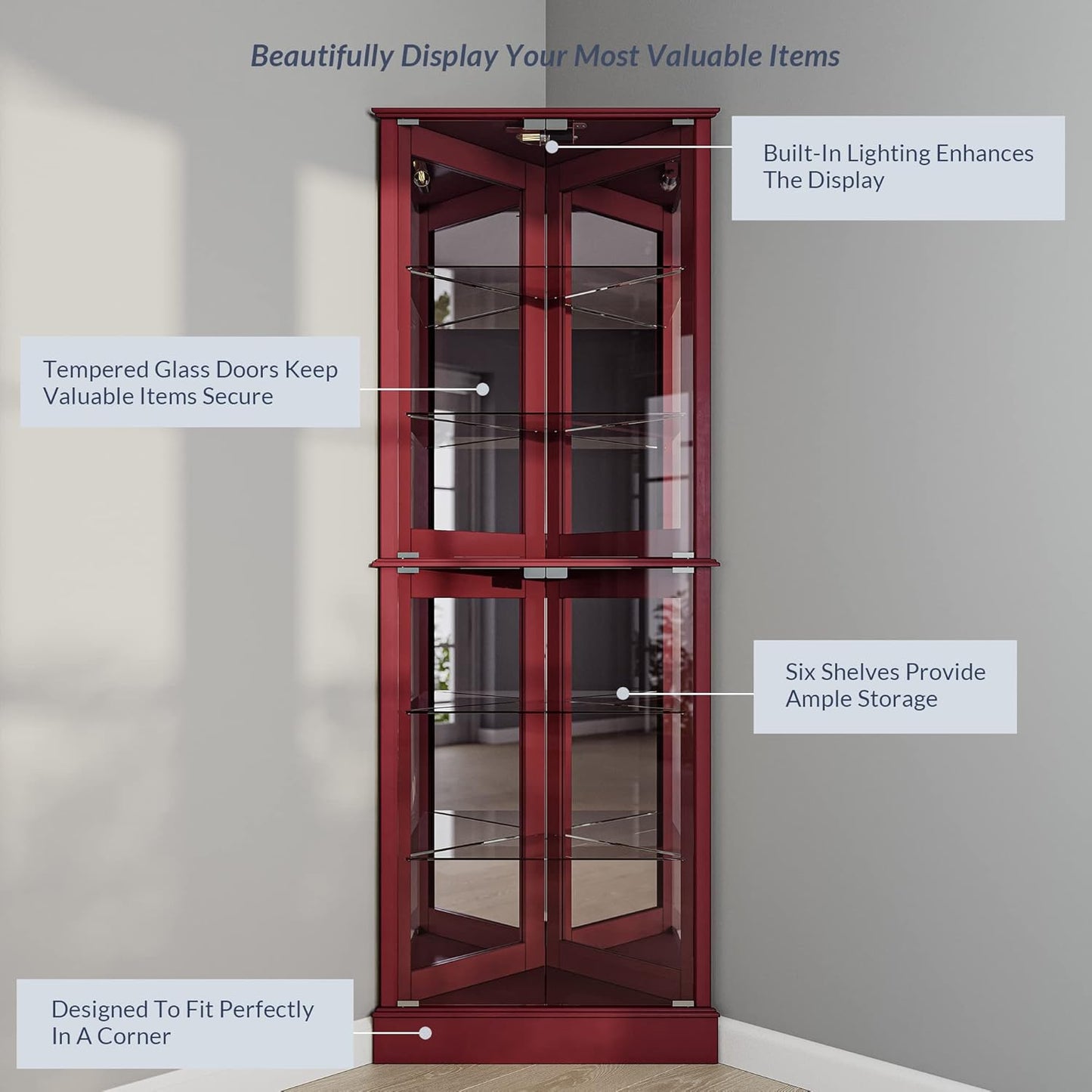 Lighted Corner Display Curio Cabinet Wooden Shelving Unit with Tempered Glass Door, Bar and Liquor Storage Area with 6 Shelves - Woody (Cherry)