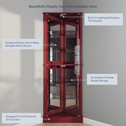 Lighted Corner Display Curio Cabinet Wooden Shelving Unit with Tempered Glass Door, Bar and Liquor Storage Area with 6 Shelves - Woody (Cherry)