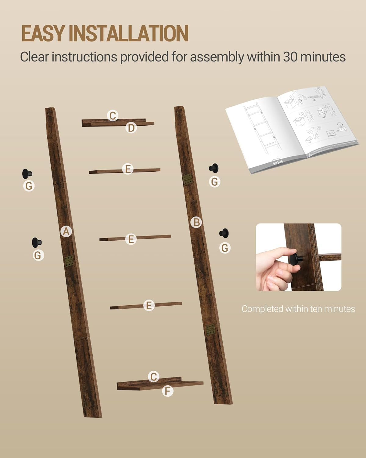 Blanket Ladder for Living Room, Decorative Quilt Rack with 4 Removable Hooks, 5-Tier Blanket Ladder Shelf for Bedroom,Rustic Brown BR30501X