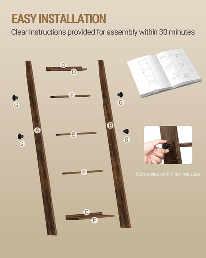 Blanket Ladder for Living Room, Decorative Quilt Rack with 4 Removable Hooks, 5-Tier Blanket Ladder Shelf for Bedroom,Rustic Brown BR30501X
