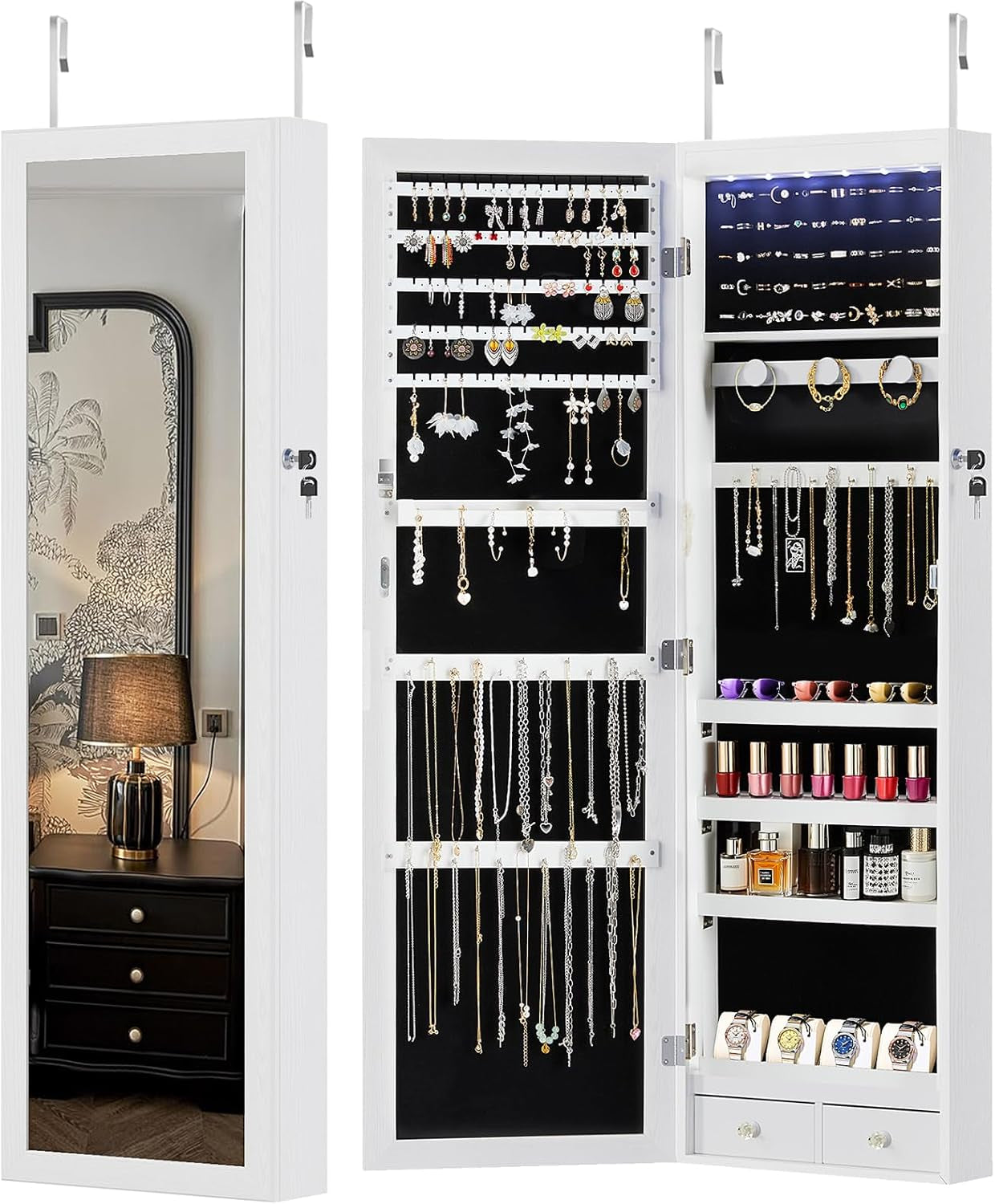 6 Leds Mirror Jewelry Cabinet, Wall or Door Mounted Jewelry Organizer, 47.2-Inch Tall Lockable Large Capacity Cosmetic Storage, Gift Idea, White