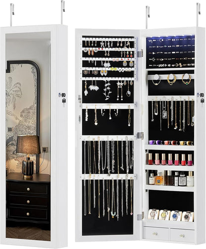 6 Leds Mirror Jewelry Cabinet, Wall or Door Mounted Jewelry Organizer, 47.2-Inch Tall Lockable Large Capacity Cosmetic Storage, Gift Idea, White