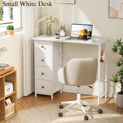 Vanity Desk No Mirror, Small Makeup Vanity with 4 Fabric Drawers, White Dressing Table for Small Spaces, 35.4 Inches Girls Makeup Table Bedroom