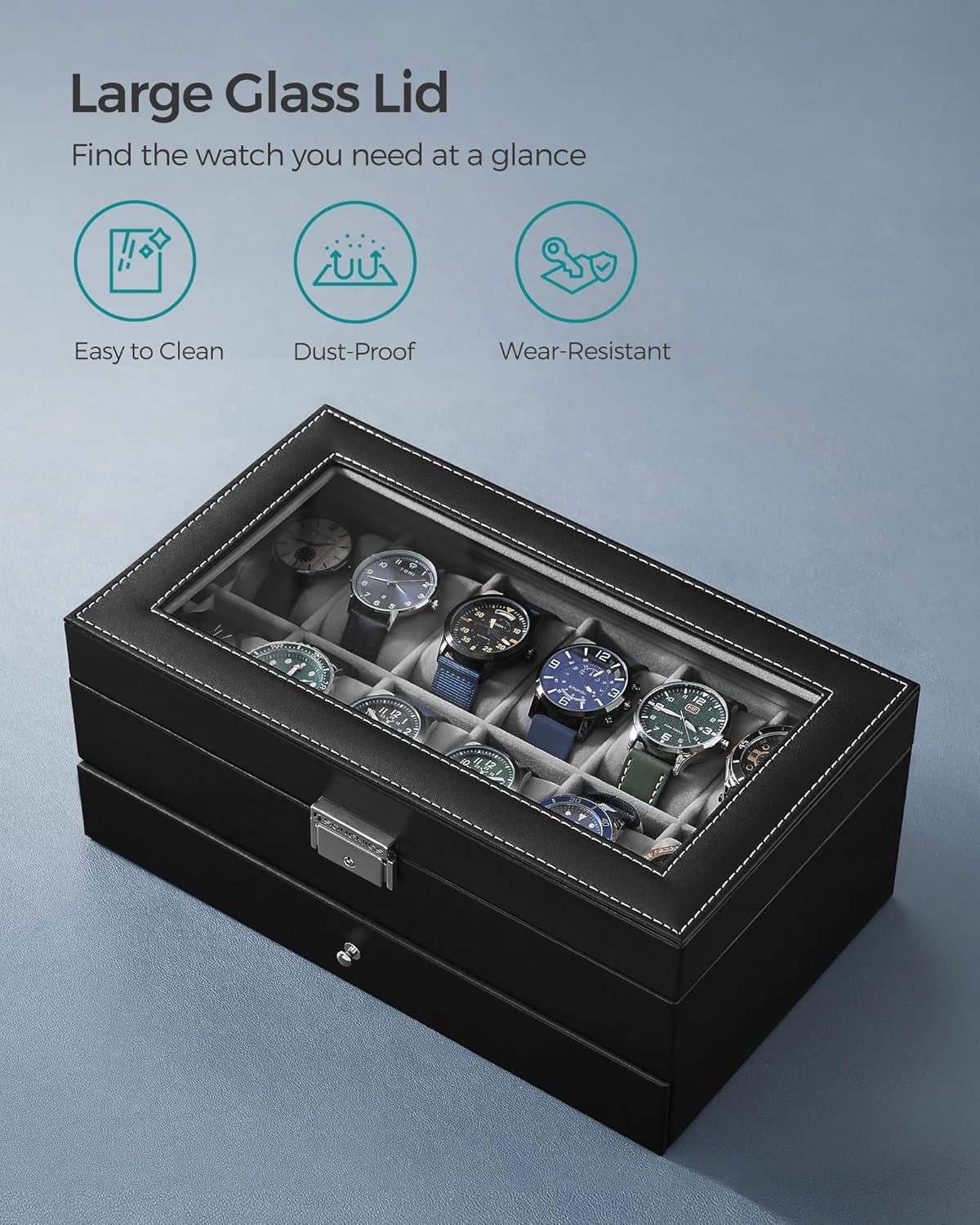 Watch Box, 12-Slot Watch Case Organizer with Large Glass Lid, 2 Layers, Removable Pillows, Metal Lock, Gift for Loved Ones, Black Synthetic Leather, Gray Lining UJWB012