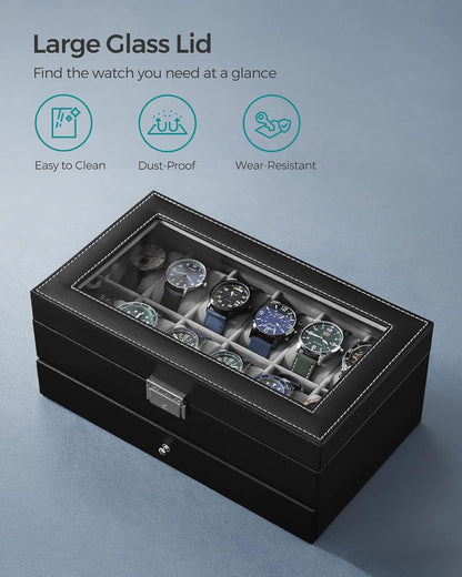 Watch Box, 12-Slot Watch Case Organizer with Large Glass Lid, 2 Layers, Removable Pillows, Metal Lock, Gift for Loved Ones, Black Synthetic Leather, Gray Lining UJWB012