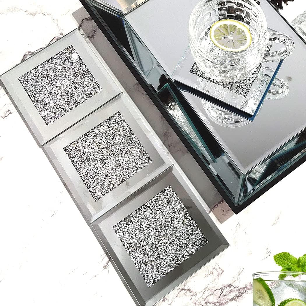 Glass Mirrored Coaster 4 PC, Crushed Diamond Square Cup Mat 4" Decor on Tabletop for Bar Tools Dining Table