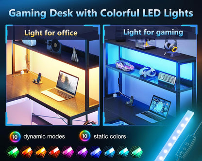Gaming Desk with Power Outlets & LED Lights, 43 Inch Reversible L Shaped Computer Desk with Shelves & Storage Bag, Corner Desk for Home Office, Black