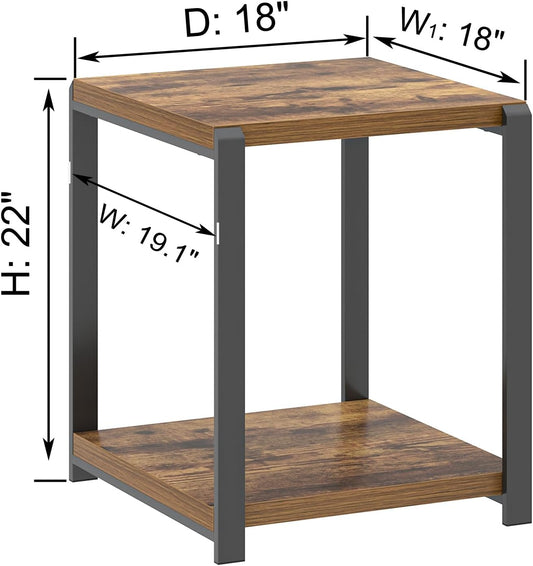 End Table with Storage Shelf, Modern Side Table for Living Room, Wood and Metal Bedside Table Nightstand, Rustic Brown