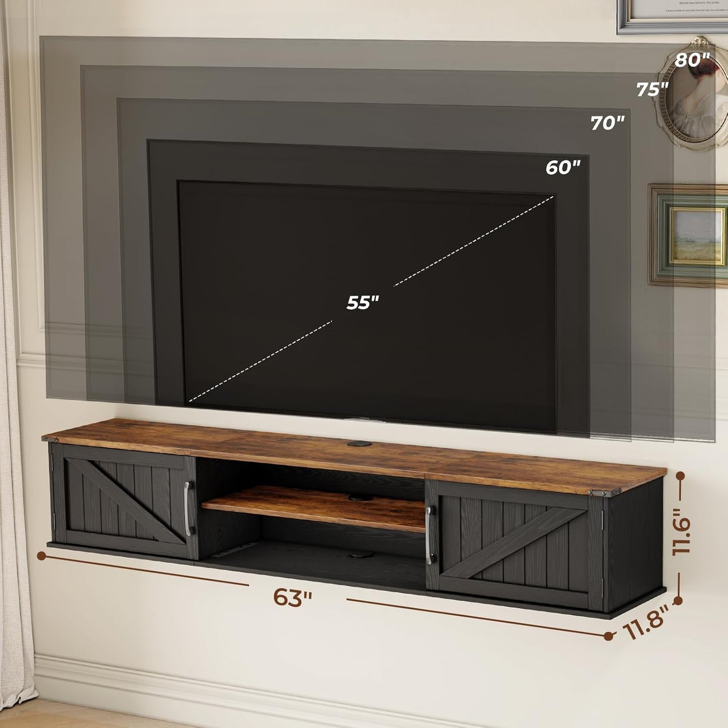 Floating TV Stand with Doors, 63'' Farmhouse Floating TV Shelf for Tvs up to 80 Inch, 2 Tier Wall Mounted TV Stand, Floating Entertainment Center, TV Floating Cabinet for Living Room, Bedroom, Black