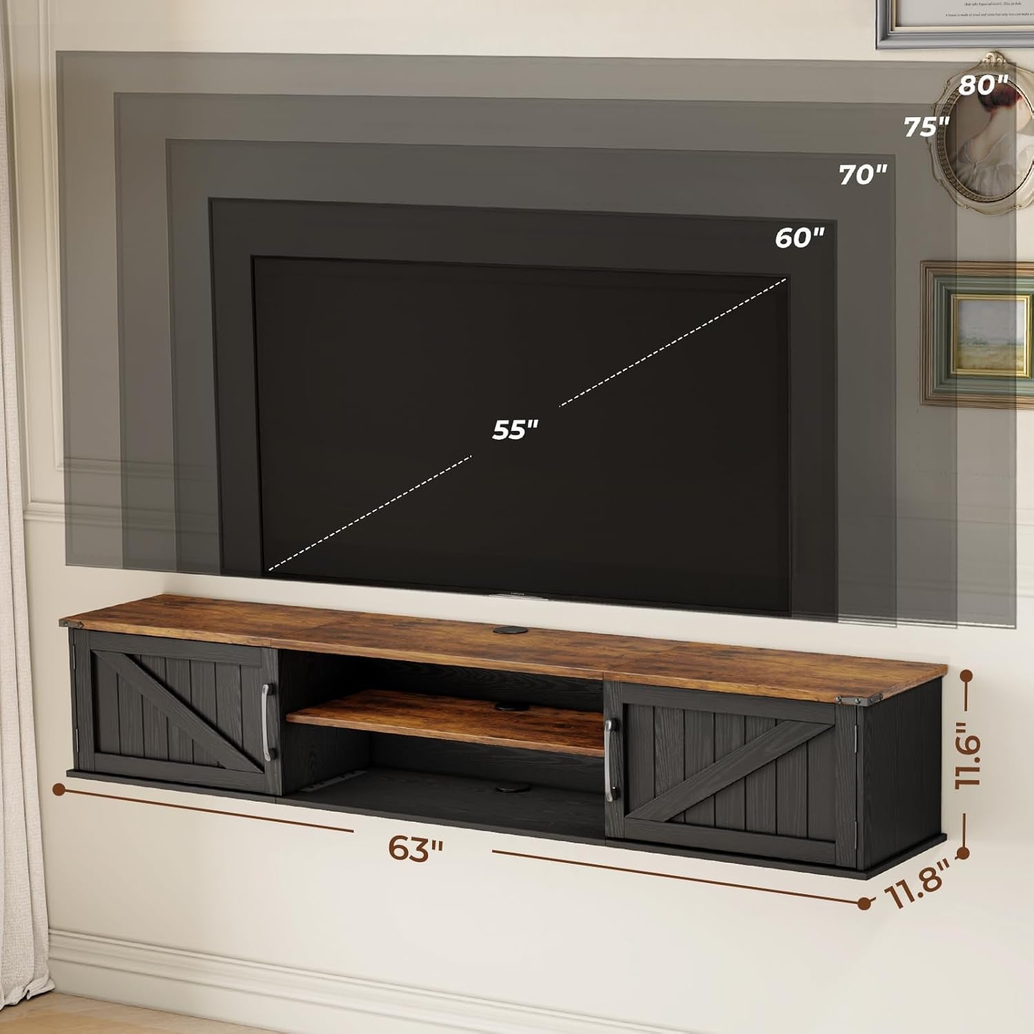 Floating TV Stand with Doors, 63'' Farmhouse Floating TV Shelf for Tvs up to 80 Inch, 2 Tier Wall Mounted TV Stand, Floating Entertainment Center, TV Floating Cabinet for Living Room, Bedroom, Black