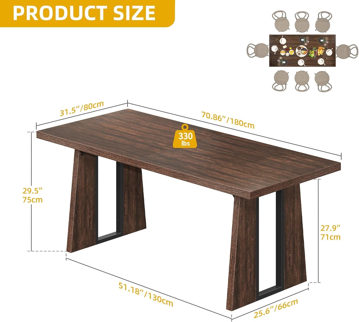 Rectangle Dining Table for 6-8 People 70.86 Inch Large Dining Room Table Wooden Dinner Tables with Heavy Duty Legs for Kitchen Apartment Restaurant Walnut