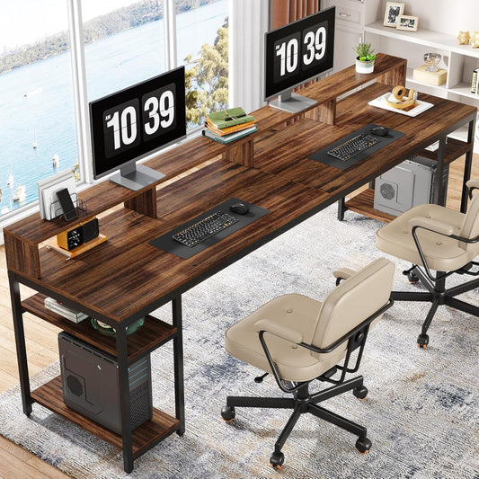 Two Person Desk with Monitor Stand, 78.74" Long Double Computer Office Desk with Storage Shelves, Large Gaming Study Writing Table Workstation for Home Office (Rustic Brown)