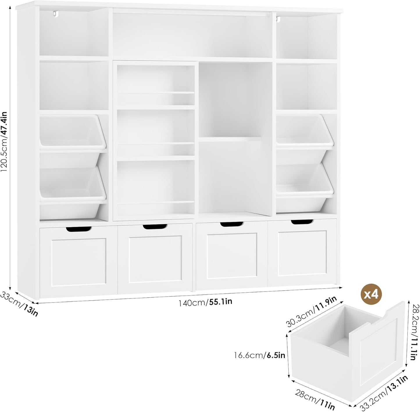 55.1’’ W Toy Storage with Sliding Bookshelf, Large Toy Organizer Kids Bookshelf with 4 Movable Drawers and 4 Storage Bins, Toy Bins for Kids Organizer Playroom Storage for Kid Room, White