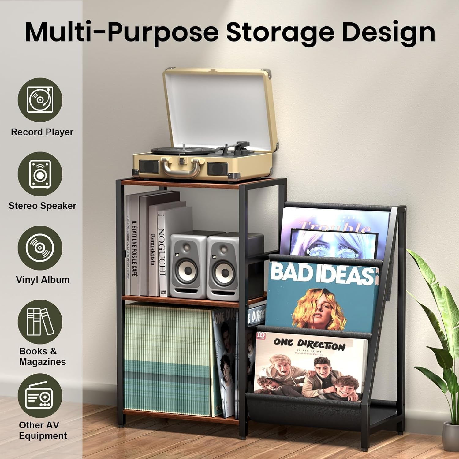 Record Player Stand, Turntable Stand with Vinyl Storage, Record Player Table Storage up to 200+ Albums, Record Player Cabinet with 3-Tier Vinyl Display, Audio Media Living Room Table