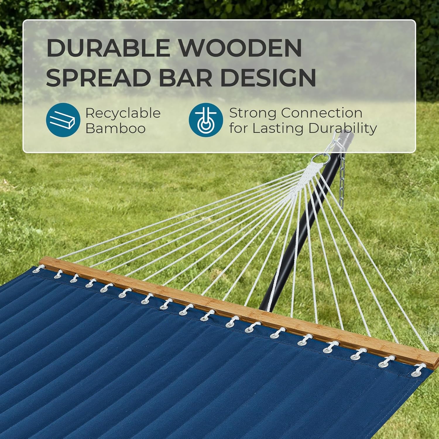 Hammock with Stand, 2 Person Quilted Outdoor Hammock, Detachable Pillow & Bamboo Spreaders, Portable Hammock with Carrying Bag, Heavy Duty Stand, Perfect for Outside, Patio, Navy Blue