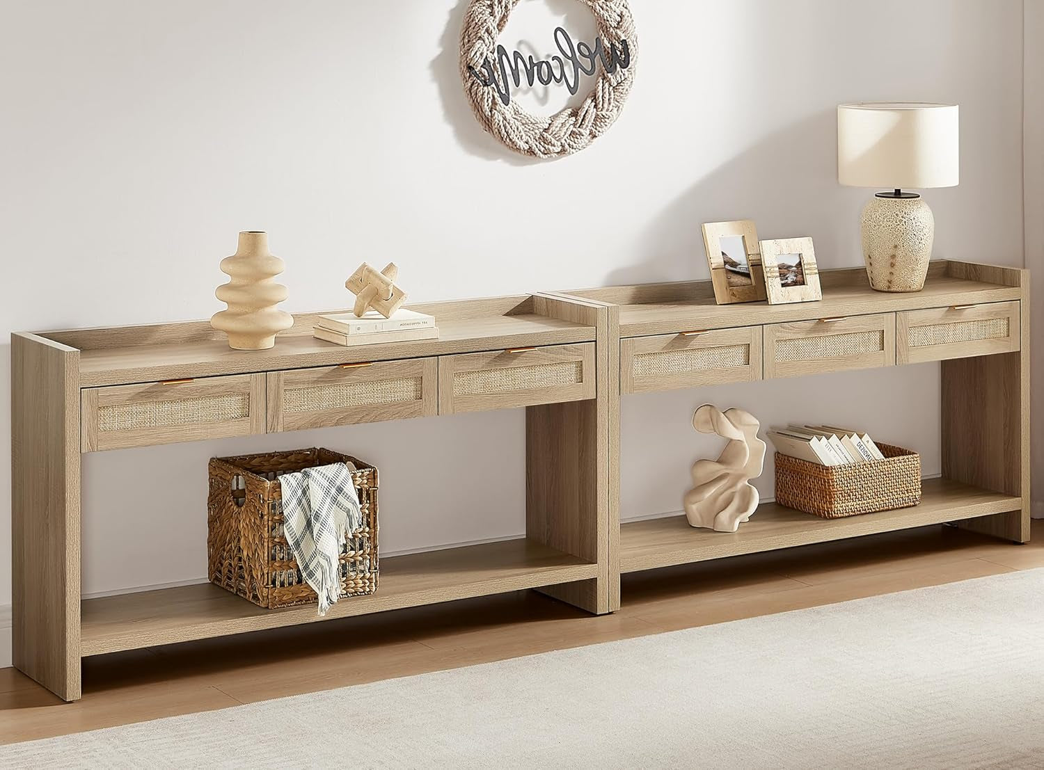 Rattan Console Table Set of 2 - Large Boho TV Console Entry Table with 3 Storage Drawers, 60" Long Sofa Table behind Couch for Living Room, Hallway, Foyer, Entryway