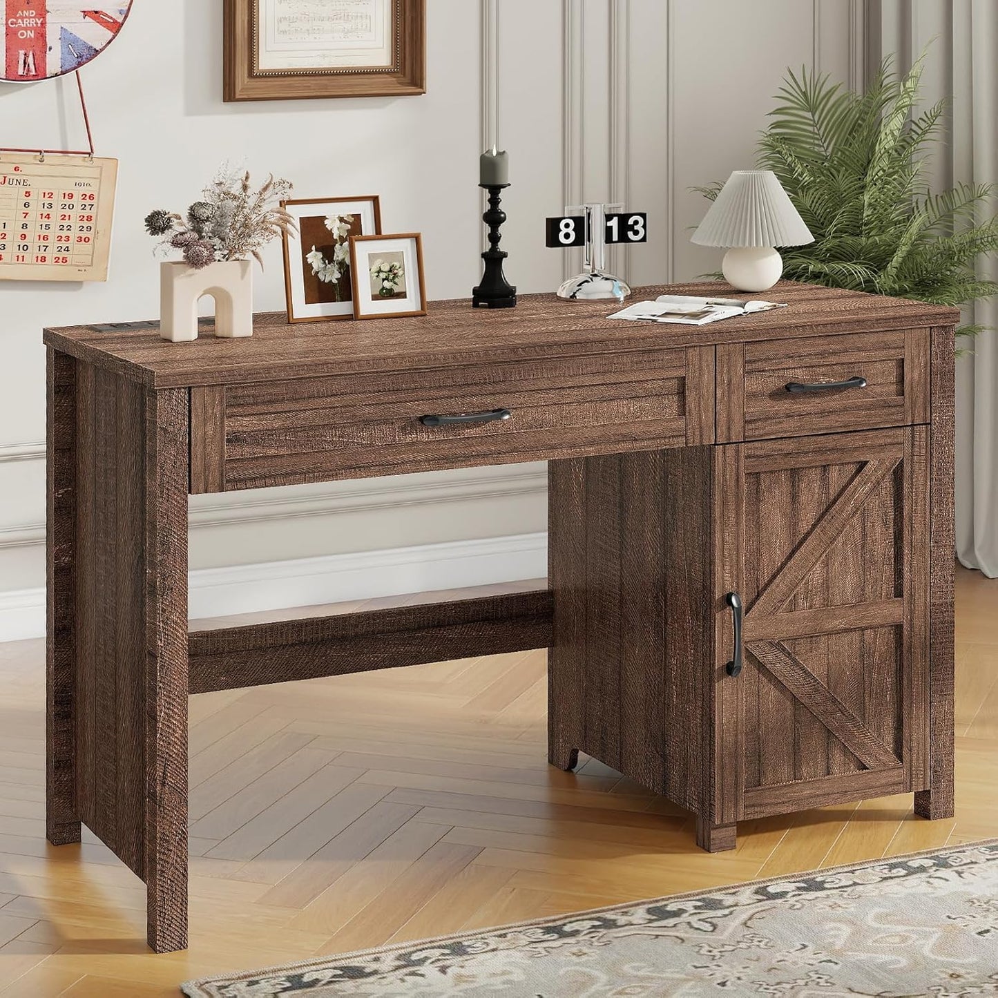 Farmhouse 47" Executive Desk, Computer Desk with Drawers and Storage Cabinet, Workstation Computer Desk for Home Office and Study.Red-Brown