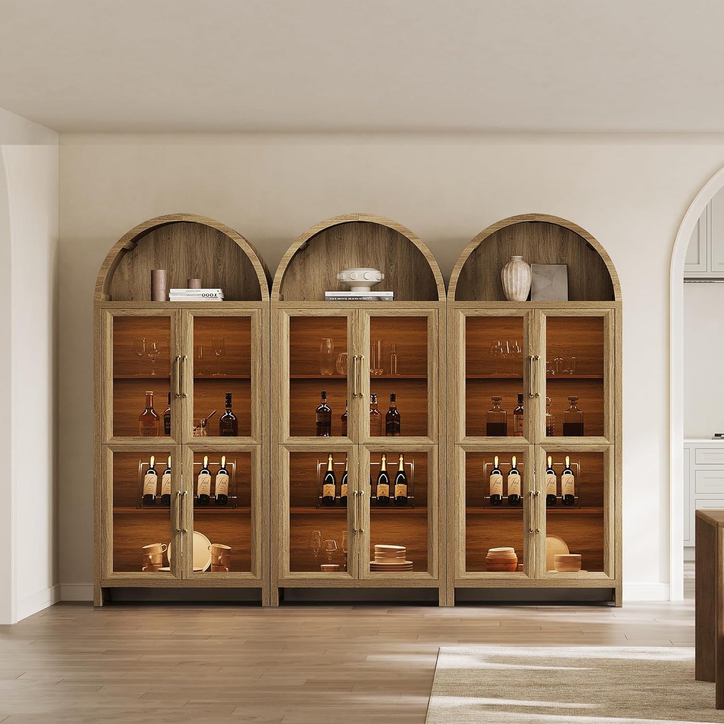 74" Display Cabinet with Glass Doors - Modern 5-Tier Arched Bookcase with Rechargeable 3-Color LED Lights & Motion Sensor, Large Pantry Cabinet for Kitchen, Living Room, Home Office, Brown Oak