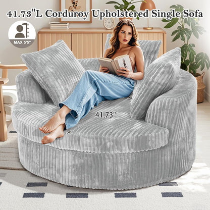 59" Oversized Chaise Lounge Chair Indoor, round Corduroy Chaise Lounge Sofa Bed with Throw Pillows and Backrest, Plush Sleeper Chair Bed for Living Room Bedroom,No Assembly Required